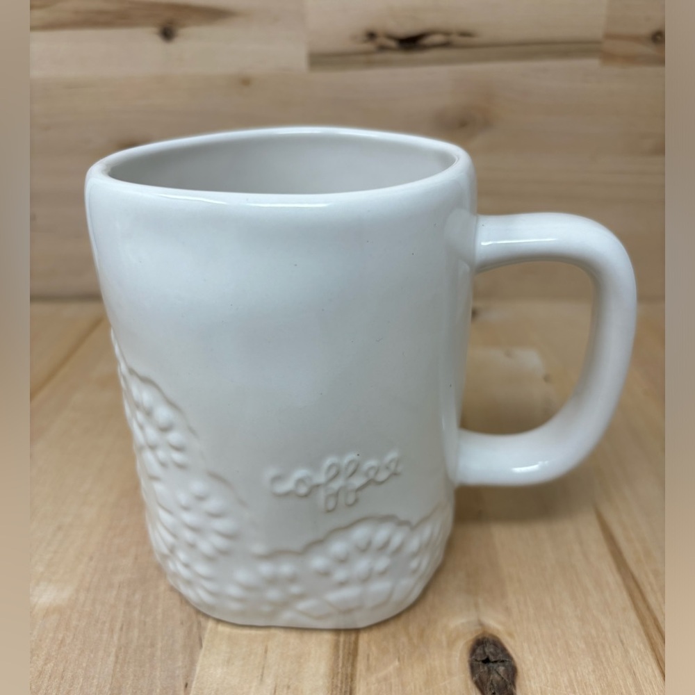 Rae Dunn COFFEE Mug White Ceramic with Embossed Prints and Cursive Lettering New